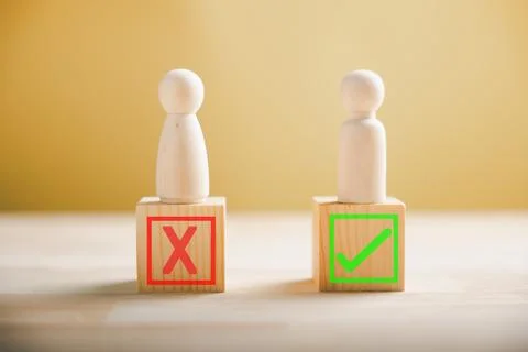Decision-making concept, people use wood to display right and wrong pondering Stock Photos