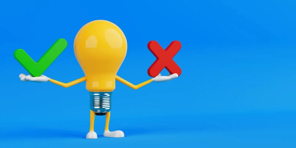 Decision Making Concept With Positive And Negative Choice. Light Bulb Chara.. Stock Illustration