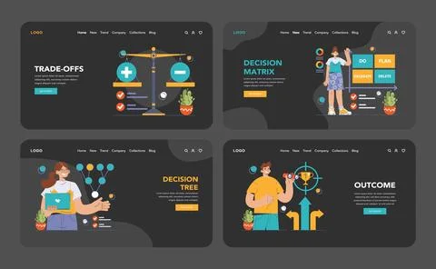 Decision-making dark or night mode web, landing set. Strategic thinking Stock Illustration