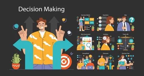 Decision-making dark or night mode set. Strategic thinking, brainstorming 스톡 일러스트