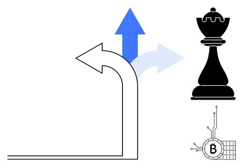 Decision Making Paths with a Chess Piece and Bitcoin Symbol Representation Stock Illustration