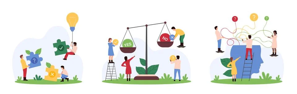 Decision making process, difficult choice set, tiny people choose between yes Illustrazione stock