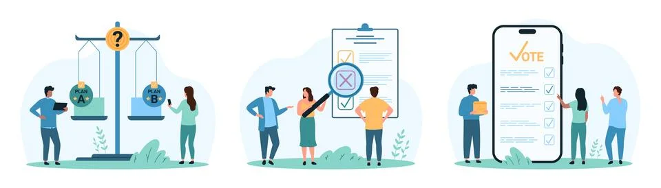 Decision making process, study of voting result data set, tiny people vote in Illustrazione stock