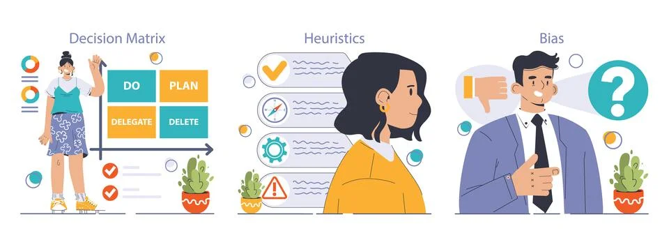Decision-making set. Strategic thinking, brainstorming and solution research Illustrazione stock