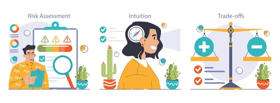 Decision-making set. Strategic thinking, brainstorming and solution research Illustrazione stock