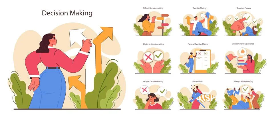 Decision-making set. Strategic thinking, brainstorming and solution research. Illustrazione stock