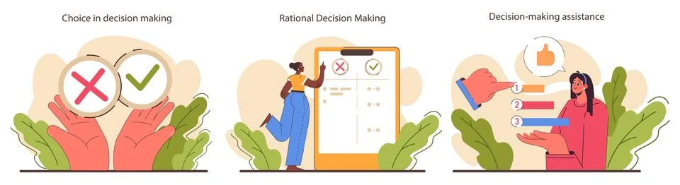Decision-making set. Strategic thinking, brainstorming and solution research. Illustrazione stock