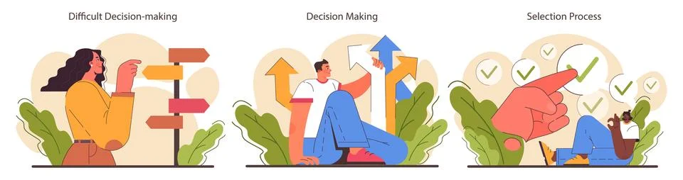 Decision-making set. Strategic thinking, brainstorming and solution research. Stock Illustration