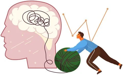 Decision of psychological problems concept. Therapist untangles ball of thread Stock Illustration