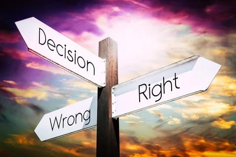 Decision, right, wrong concept - signpost with three arrows Stock Illustration