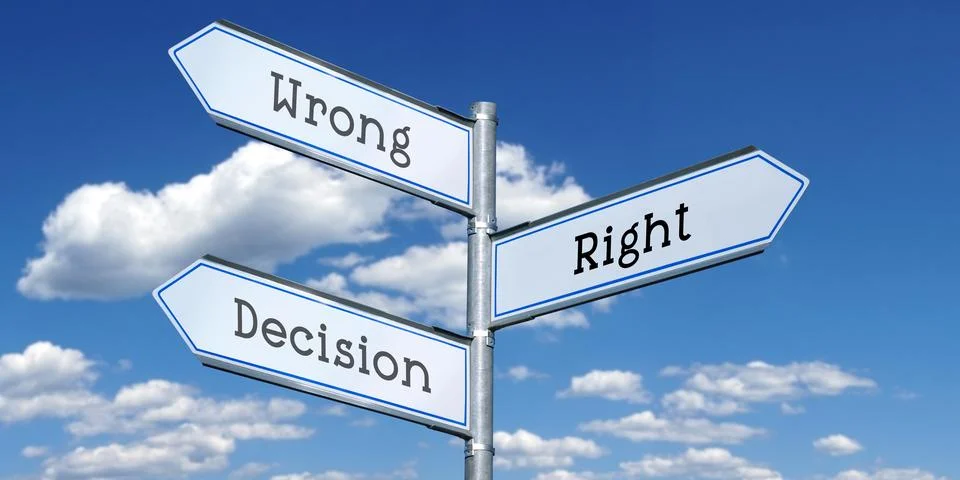 Decision, right, wrong - metal signpost with three arrows Stock Illustration