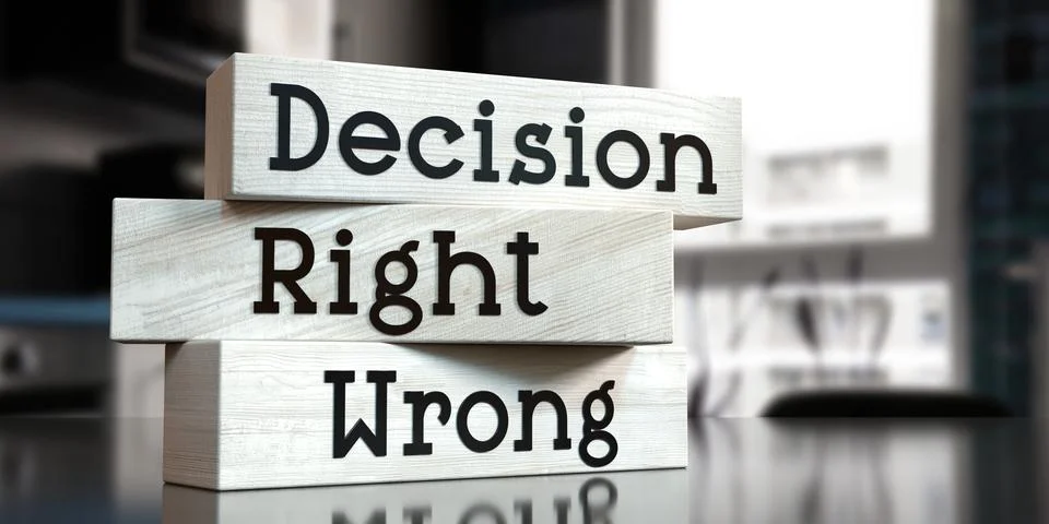 Decision, right, wrong - words on wooden blocks Stock Illustration