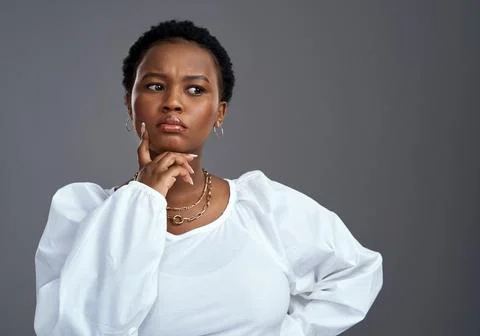 Decision, thinking and question with black woman in studio for problem solv.. 스톡 사진
