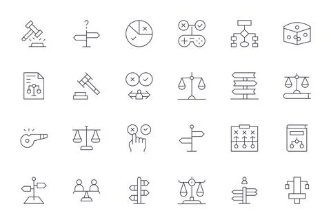 Decision Vector Icon Library with 24 Thin Line 128x128 Pixel Aligned Designs Stock Illustration