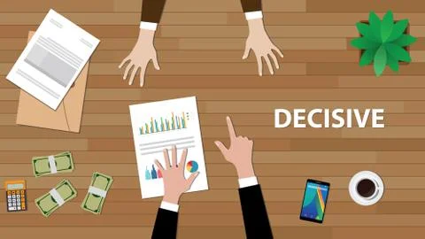 Decisive white text illustration with a man pointing his finger to another with Stock Illustration