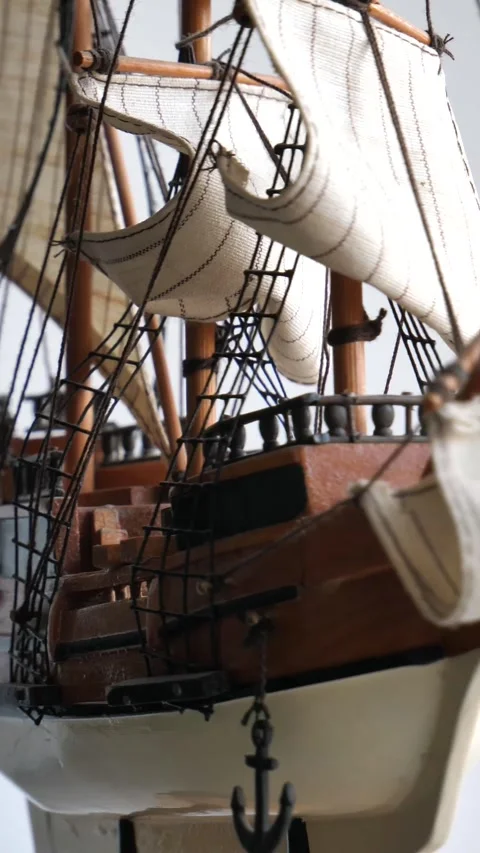 Deck And Sails on a Masts of Old Sailing Ship Model Turning Around Stock Footage 308594479