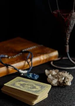 A deck of cards for divination, an amulet with a stone, a magic crystal and a Stock Photos