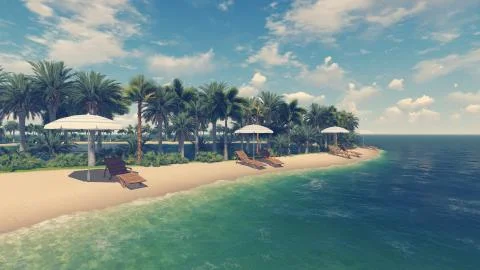 Deck chairs and parasols on empty tropical beach イラスト素材