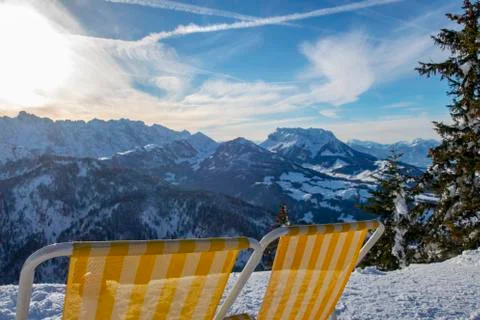Deck chairs in austria in winter Stock Photos