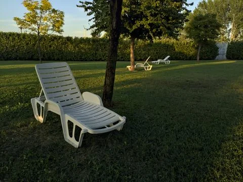 Deck chairs next to trees in a garden at sunset Stock Photos