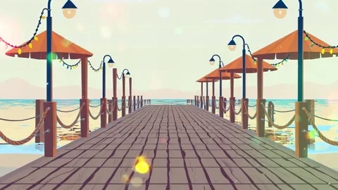 Deck with lights background with beach scenery. Video stock 303682386