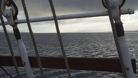 On deck onboard sailing ship at sea, through the rigging (close) Stock Footage 306957807