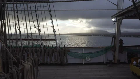 On deck onboard sailing ship at sea, through the rigging (wide) Stock Footage 306958693