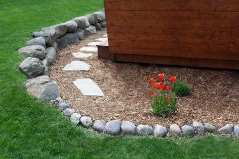 Deck Pathway and Tulips Stock Photos