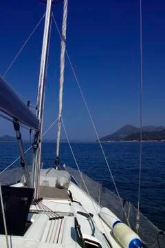 On the deck of sailing boat Stock Photos