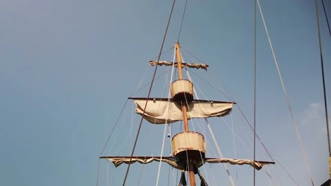 On the deck of a sailing ship, looking up at the main mast and rigging. Stock Footage 140430819