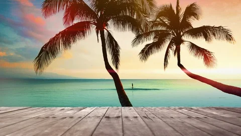 Deck Table with Tropical Beach Sea and Palm, Exotic Pink Blue Ocean Horizon Stock Footage 89187681