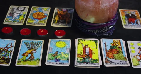 Deck Of Tarot Cards Spread On Table Stock Footage 243401229