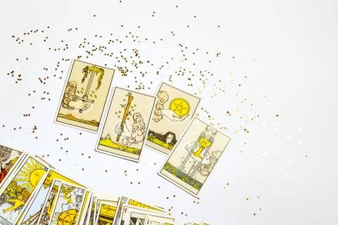 Deck of Tarot cards on a table. Learning about Aces Stock Photos