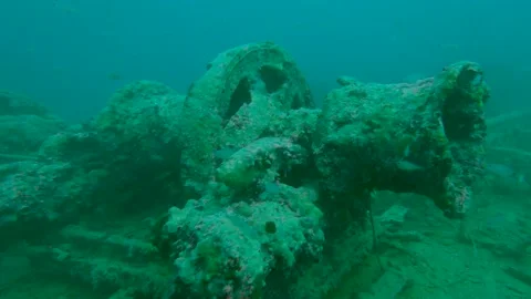 Deck winch on outside of large underwater shipwreck Stock Footage 229873227