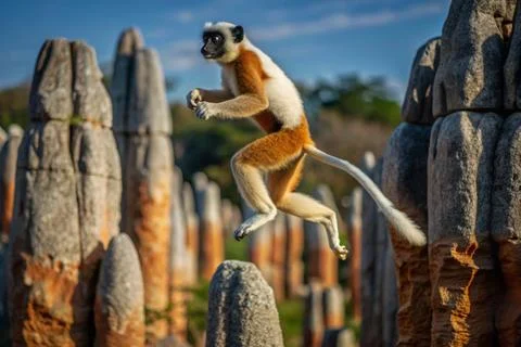 Deckens Sifaka  jumping on razor sharp spires Stock Photos