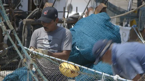 Deckhand preparing shrimp boat Vidéo 104881251