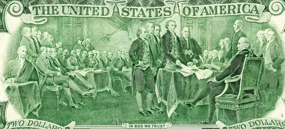 Declaration of independence drawing from the two dollar banknote Stock Photos