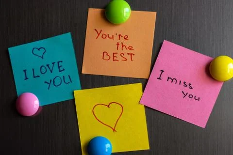 Declaration of love on the sticker for notes on the refrigerator. Stock Photos