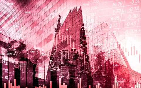 Declined economic, graph falling down overlaps modernistic city. Stock Photos