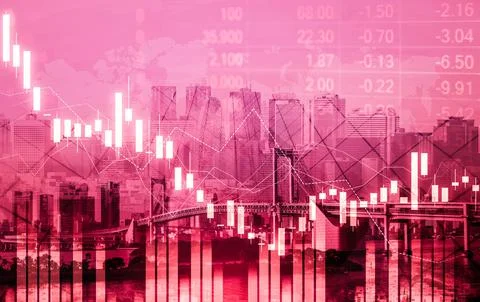 Declined economic, graph falling down overlaps modernistic city. Stock Photos