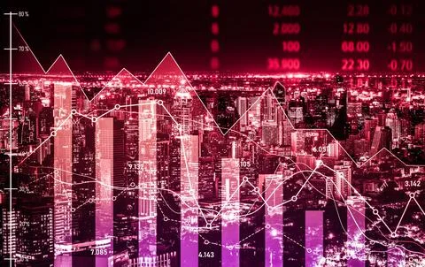 Declined economic, graph falling down overlaps modernistic city. 写真素材