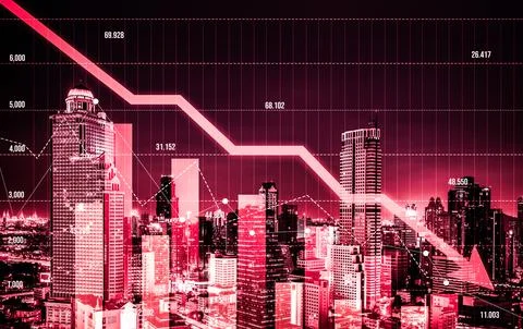 Declined economic, graph falling down overlaps modernistic city. Stock Photos