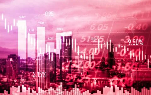 Declined economic, graph falling down overlaps modernistic city. Stock Photos