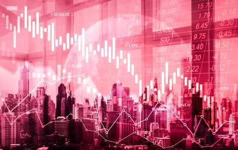 Declined economic, graph falling down overlaps modernistic city. Stock Photos