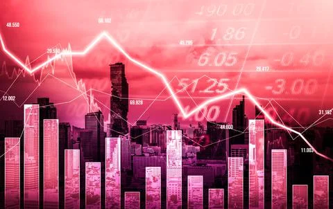 Declined economic, graph falling down overlaps modernistic city. 写真素材