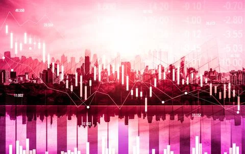 Declined economic, graph falling down overlaps modernistic city. 写真素材