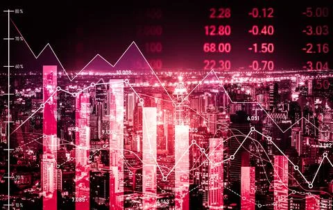 Declined economic, graph falling down overlaps modernistic city. Stock Photos