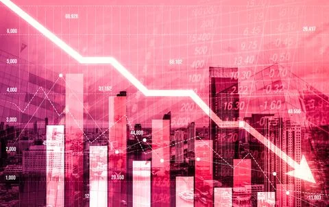 Declined economic, graph falling down overlaps modernistic city. Stock Photos