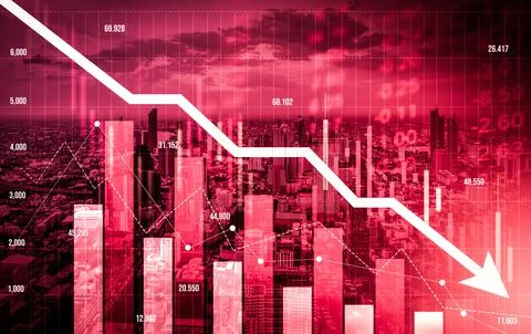 Declined economic, graph falling down overlaps modernistic city. 写真素材