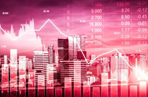 Declined economic, graph falling down overlaps modernistic city. 写真素材